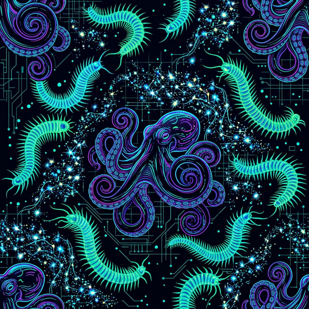 neon cyan, neon green, electric blue, purple, black, glowing tentacles, octopus, cosmic, sci-fi, futuristic, neon glow, bioluminescent, abstract, geometric, psychedelic, digital art, space theme, cyberpunk, tech-inspired, gamer, modern, contemporary, starry, sparkly, playroom, kids room, teen room, gaming room, science fiction lover, glow effect