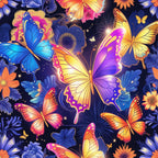 vibrant butterflies, purple wings, blue butterflies, orange butterflies, yellow accents, pink highlights, dark background, floral elements, fantasy style, magical design,, fabric panel, colorful wings, tropical flowers, nature motifs, bright colors, whimsical pattern, decorative butterflies, luminous effects, enchanted garden