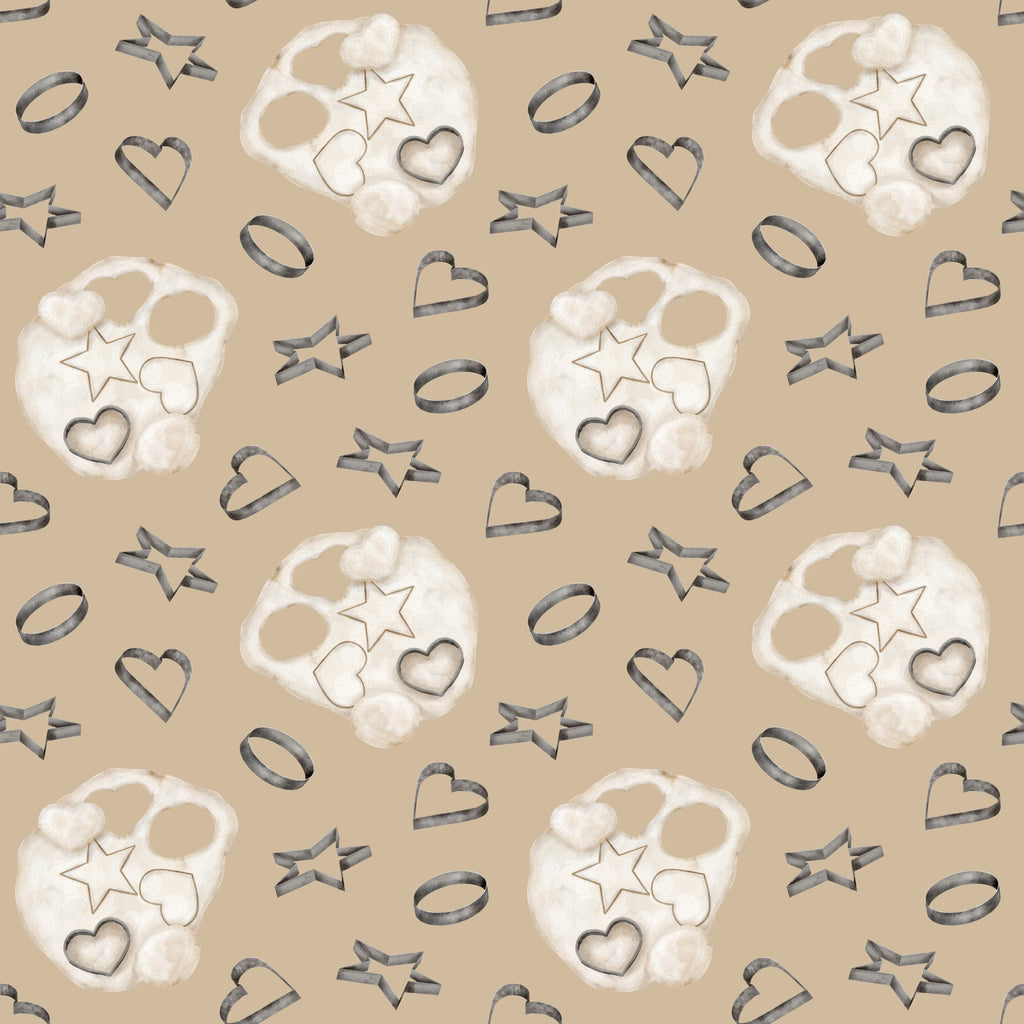 beige, tan, cream, white, watercolor, baking pattern, cookie cutters, star shapes, heart shapes, circle shapes, flour dusting, kitchen theme, cooking motifs, repeating pattern,, fabric panel, soft pastels, culinary design, baking tools, geometric shapes