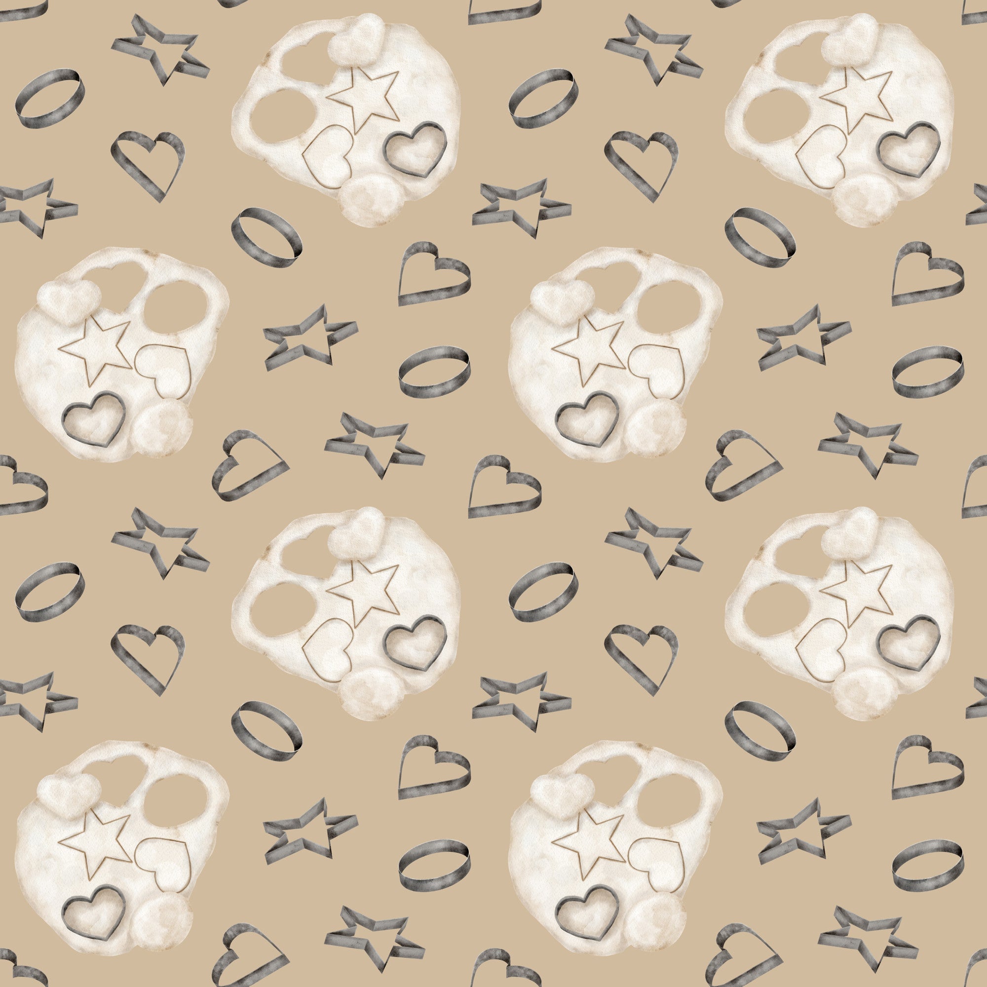 beige, tan, cream, white, watercolor, baking pattern, cookie cutters, star shapes, heart shapes, circle shapes, flour dusting, kitchen theme, cooking motifs, repeating pattern,, fabric panel, soft pastels, culinary design, baking tools, geometric shapes