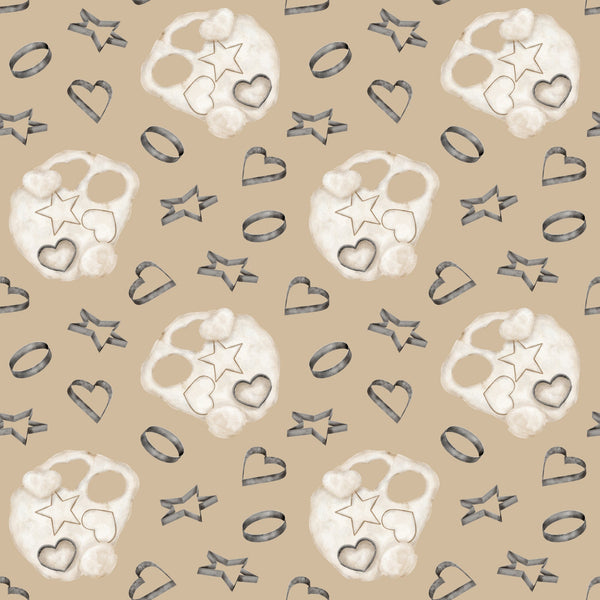beige, tan, cream, white, watercolor, baking pattern, cookie cutters, star shapes, heart shapes, circle shapes, flour dusting, kitchen theme, cooking motifs, repeating pattern,, fabric panel, soft pastels, culinary design, baking tools, geometric shapes