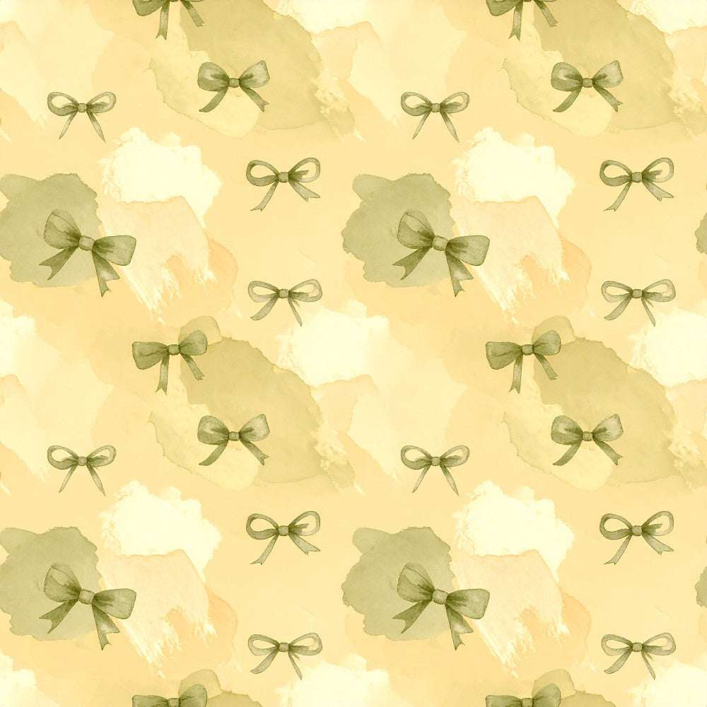 sage green, cream, pale yellow, butter yellow, watercolor, abstract, bows, ribbons, vintage, elegant, whimsical, soft, delicate, nature-inspired, botanical, spring, pastel, feminine, gift, nursery, baby shower, toddler room, kids room, playroom, decorative, sophisticated, gentle, peaceful, calming