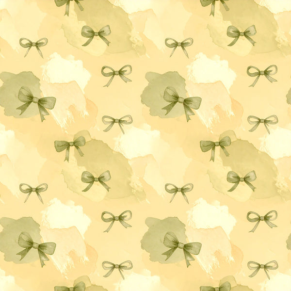 sage green, cream, pale yellow, butter yellow, watercolor, abstract, bows, ribbons, vintage, elegant, whimsical, soft, delicate, nature-inspired, botanical, spring, pastel, feminine, gift, nursery, baby shower, toddler room, kids room, playroom, decorative, sophisticated, gentle, peaceful, calming