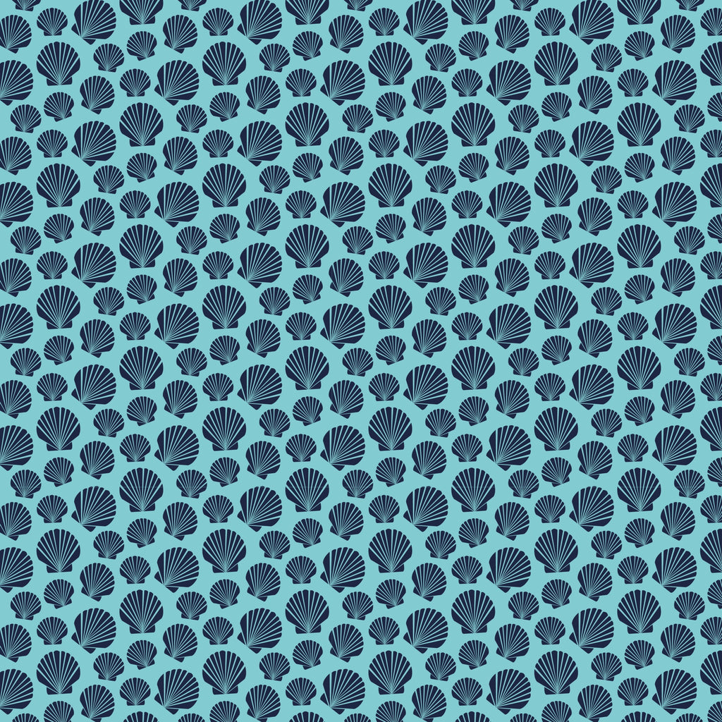 navy blue, turquoise, aqua, seashells, scallop shells, nautical theme, ocean motifs, marine life, repeating pattern, all-over design,, fabric panel, beach theme, coastal design, sea creatures, shell pattern, geometric arrangement, crafting material, sewing fabric, tropical vibes
