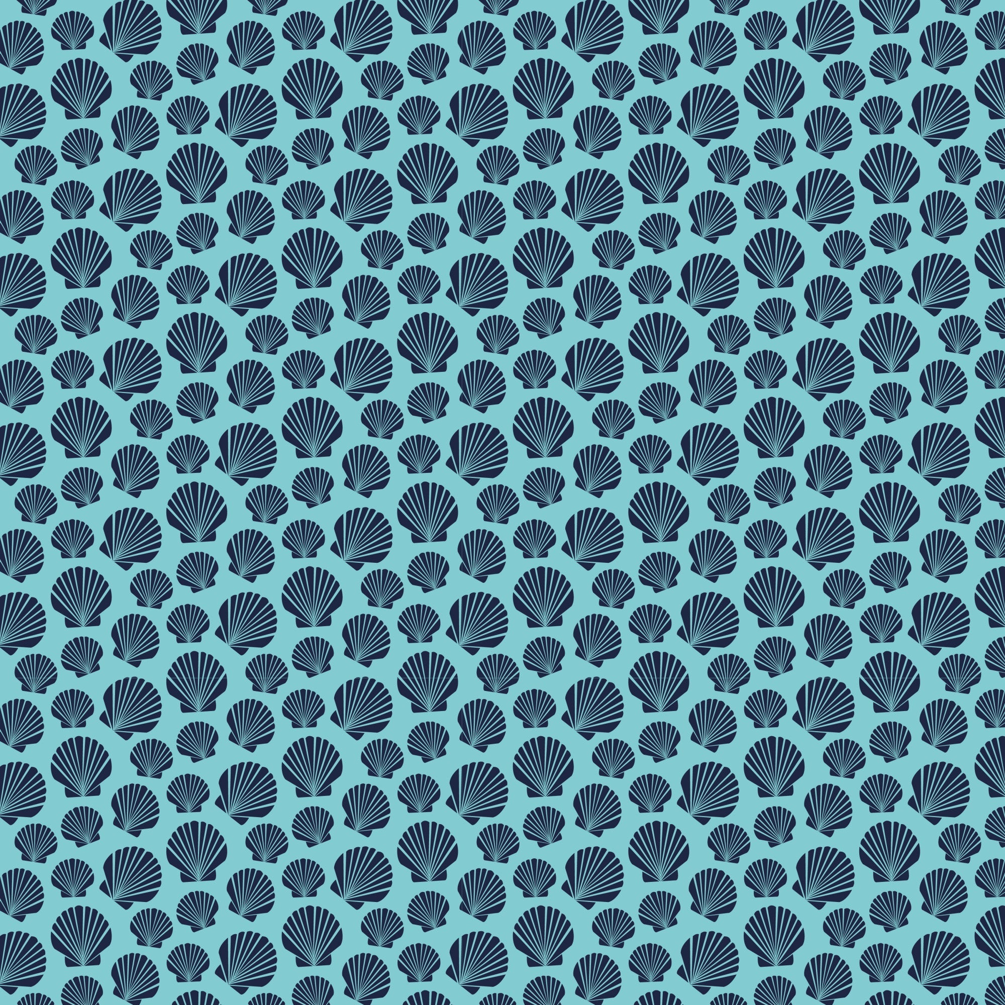 navy blue, turquoise, aqua, seashells, scallop shells, nautical theme, ocean motifs, marine life, repeating pattern, all-over design,, fabric panel, beach theme, coastal design, sea creatures, shell pattern, geometric arrangement, crafting material, sewing fabric, tropical vibes
