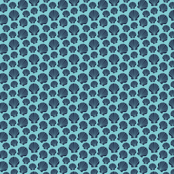 navy blue, turquoise, aqua, seashells, scallop shells, nautical theme, ocean motifs, marine life, repeating pattern, all-over design,, fabric panel, beach theme, coastal design, sea creatures, shell pattern, geometric arrangement, crafting material, sewing fabric, tropical vibes