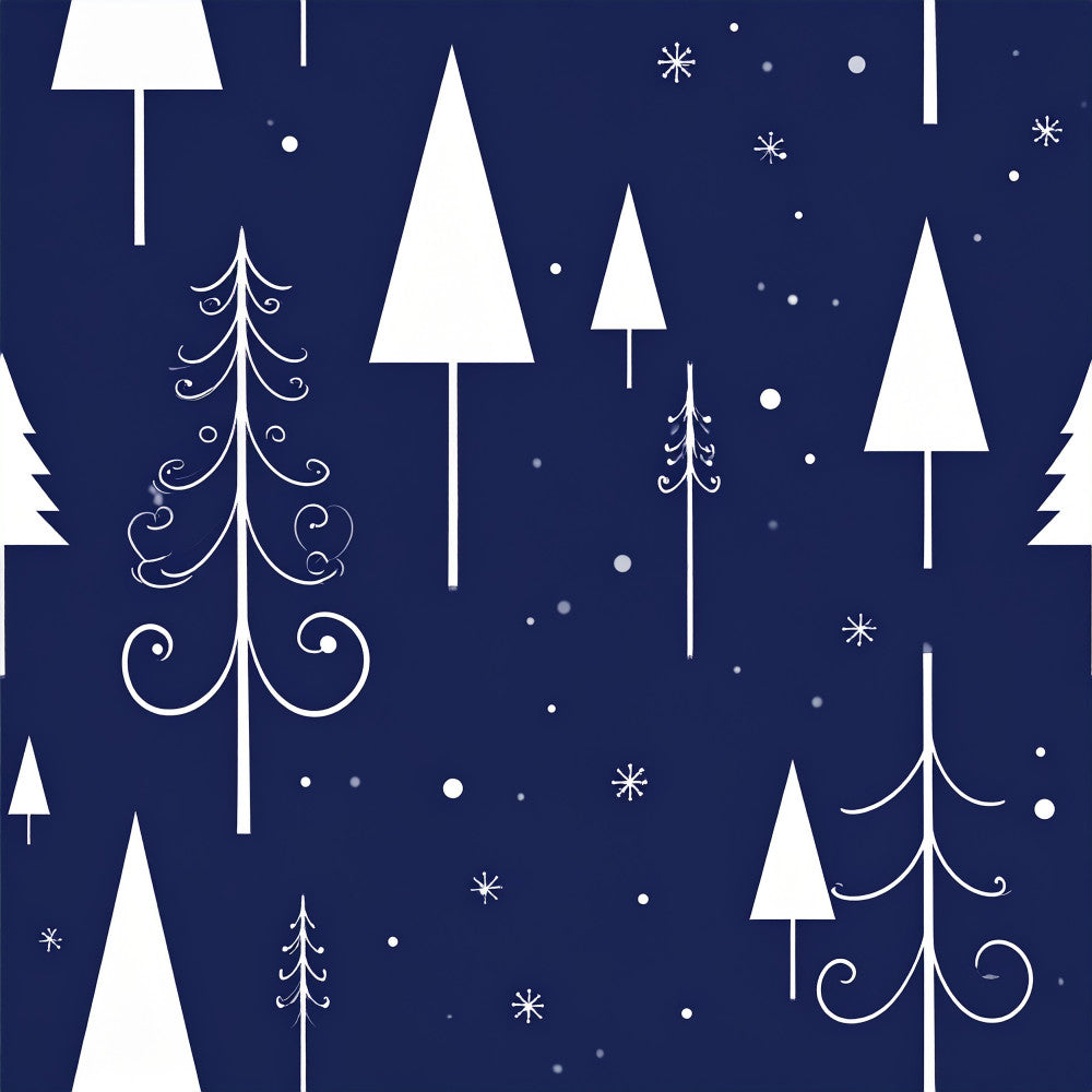 navy blue, white, winter, christmas, holiday, trees, evergreen, snowflakes, geometric, modern, elegant, festive, decorative trees, ornamental trees, swirls, curls, minimalist, scandinavian, celestial, snow, cold weather, seasonal, traditional christmas, stylized trees, abstract trees, contemporary, whimsical, nursery, kids room