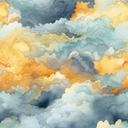 sunset colors, golden yellow, soft blue, gray clouds, orange hues, cream white, sky pattern, cloudy design, watercolor style, dreamy atmosphere, nature scene, evening sky,, fabric panel, flowing clouds, celestial theme, warm tones, cool blues, artistic clouds, serene mood