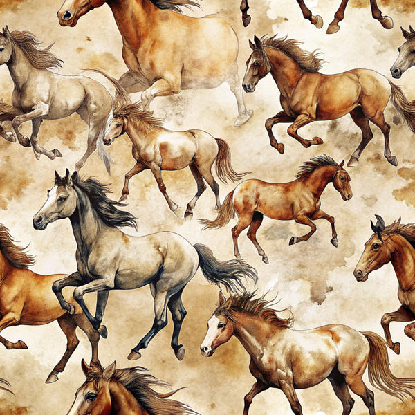 wild horses, running horses, galloping horses, brown tones, tan colors, cream background, sepia palette, watercolor style, equestrian theme, horse pattern,, fabric panel, western motif, animal print, flowing manes, dynamic movement, rustic colors, cotton fabric, nature inspired, horse silhouettes
