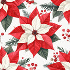 poinsettia, red and white, christmas, holiday, festive, evergreen, pine branches, red berries, winter, botanical, floral, nature-inspired, elegant, traditional, seasonal, decorative, crimson red, cream, dark green, berry clusters, layered petals, classic, timeless, home decor, holiday decoration, festive pattern, winter botanicals