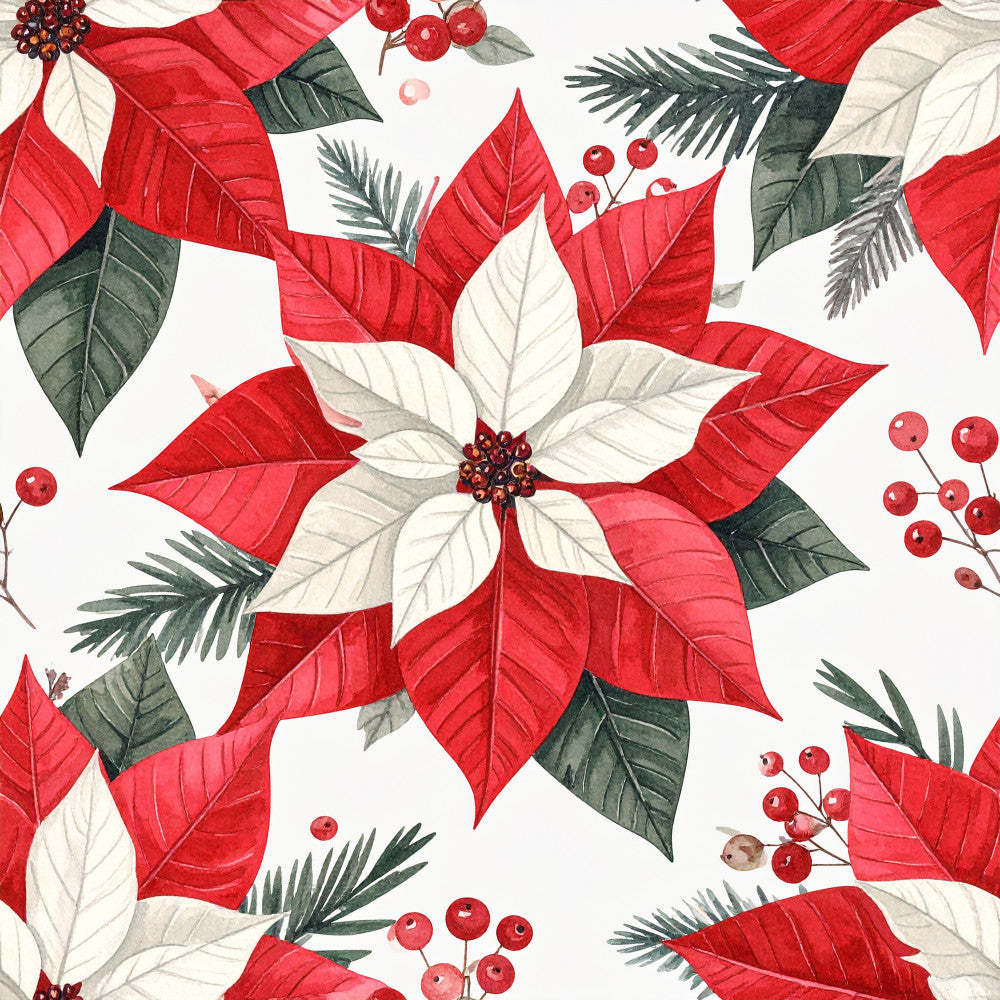 poinsettia, red and white, christmas, holiday, festive, evergreen, pine branches, red berries, winter, botanical, floral, nature-inspired, elegant, traditional, seasonal, decorative, crimson red, cream, dark green, berry clusters, layered petals, classic, timeless, home decor, holiday decoration, festive pattern, winter botanicals
