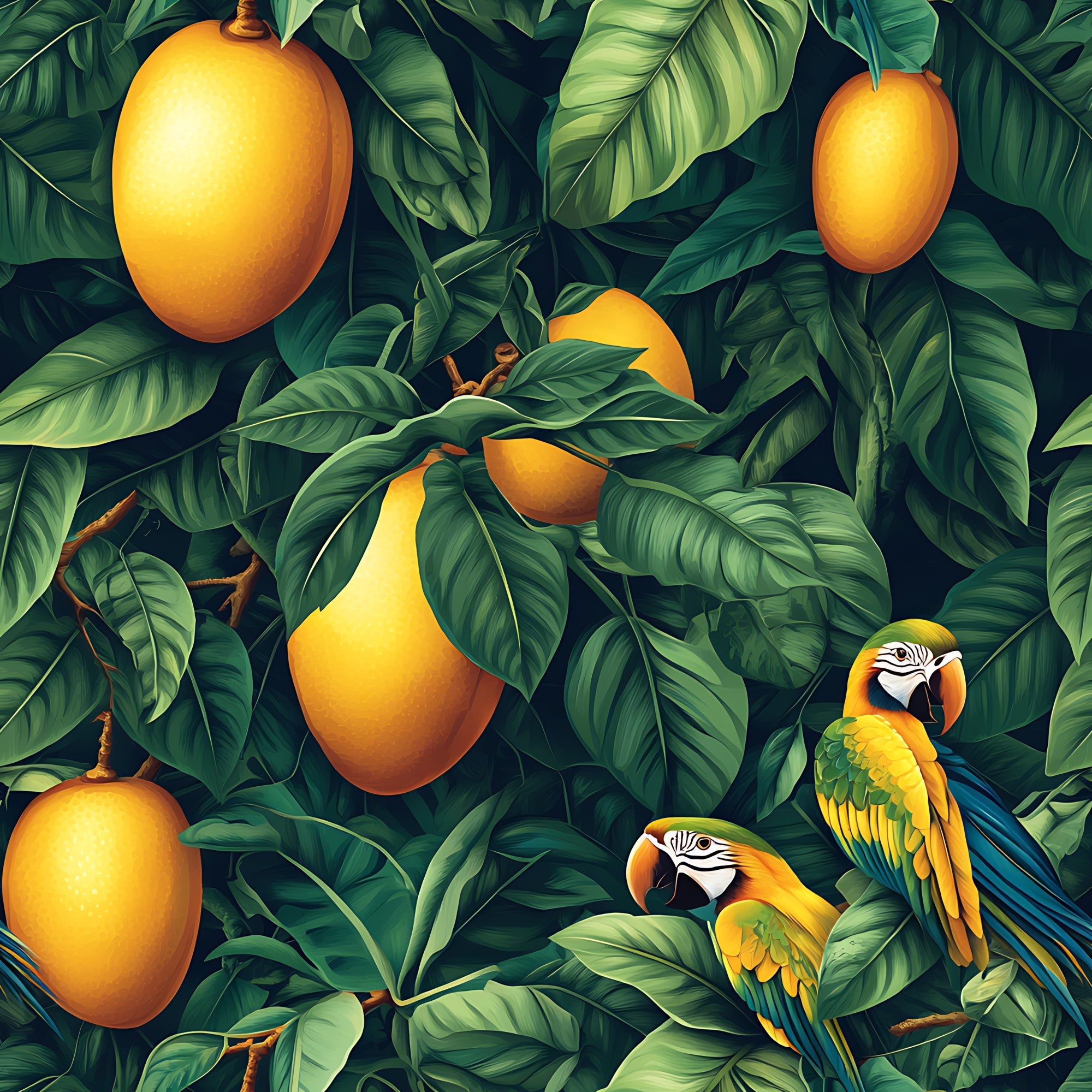 tropical birds, parrots, macaws, mango fruit, golden yellow, emerald green, lush foliage, tropical leaves, jungle pattern, exotic birds, fruit trees, nature scene, botanical design, vibrant colors,, fabric panel, tropical theme, rainforest motif, realistic illustration, summer vibes