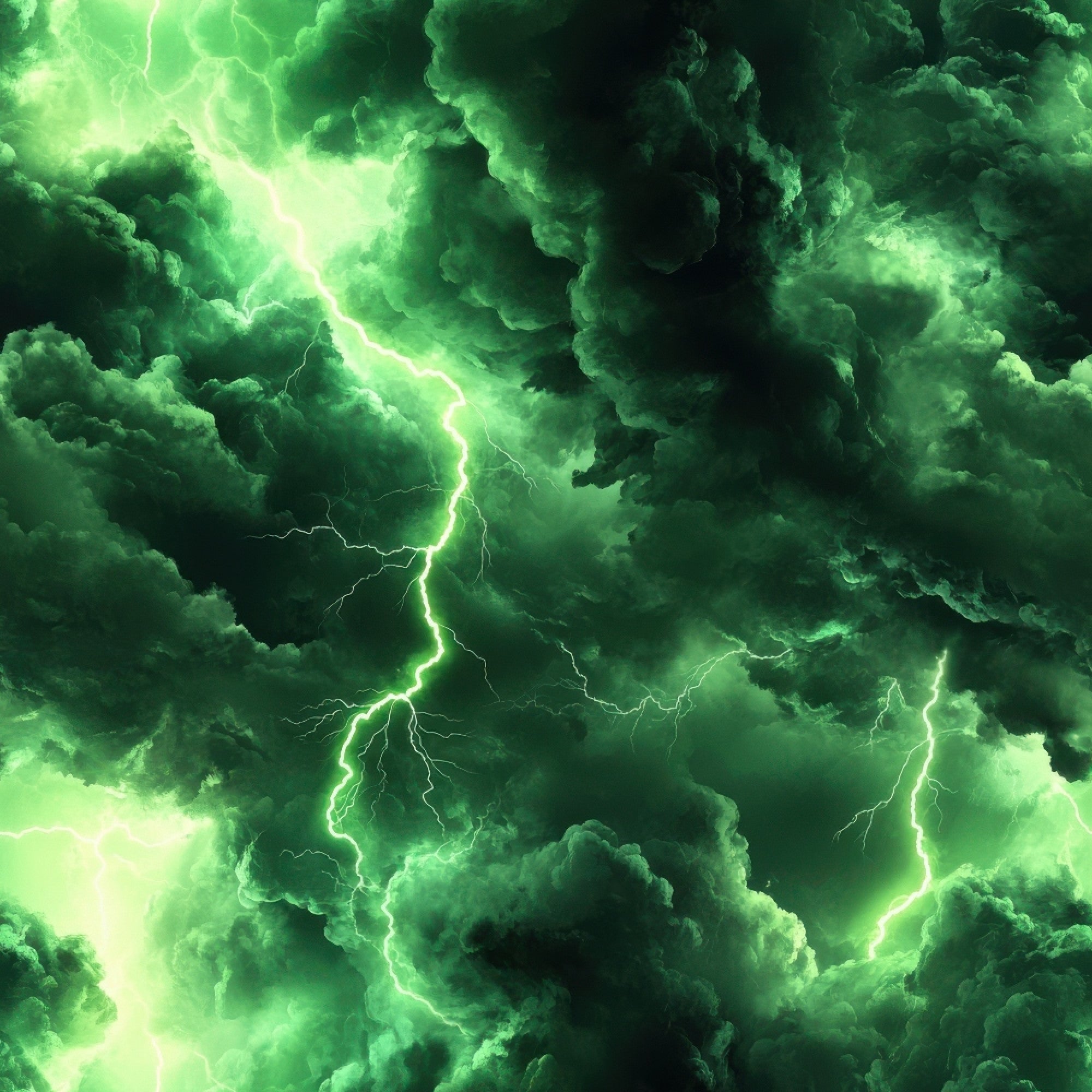 green fabric, lightning bolts, storm clouds, thunderstorm pattern, electric green, bright green, dark green, dramatic sky, weather motif,, fabric panel, nature scene, stormy atmosphere, lightning strikes, cloud formations, electric pattern, storm theme, meteorology design, tempest imagery, atmospheric print