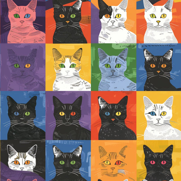 cat portraits, pop art style, multicolored squares, heterochromia eyes, pink, orange, purple, blue, green, yellow, black cats, white cats, tabby cats,, fabric panel, patchwork design, colorful backgrounds, feline faces, artistic illustration, vibrant colors, different eye colors