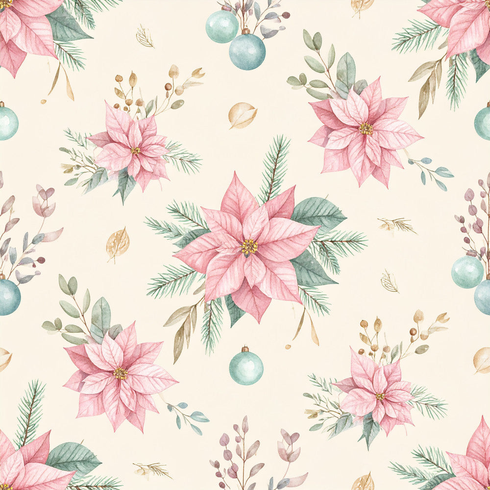 blush pink, sage green, dusty blue, cream, poinsettia, floral, botanical, nature, evergreen, holiday, christmas, winter, elegant, whimsical, traditional, festive, roses, berries, ornaments, pine branches, delicate, romantic, vintage, seasonal, nursery, baby shower, decorative, timeless, watercolor, soft palette