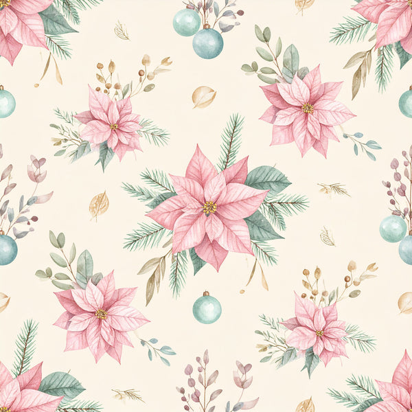 blush pink, sage green, dusty blue, cream, poinsettia, floral, botanical, nature, evergreen, holiday, christmas, winter, elegant, whimsical, traditional, festive, roses, berries, ornaments, pine branches, delicate, romantic, vintage, seasonal, nursery, baby shower, decorative, timeless, watercolor, soft palette