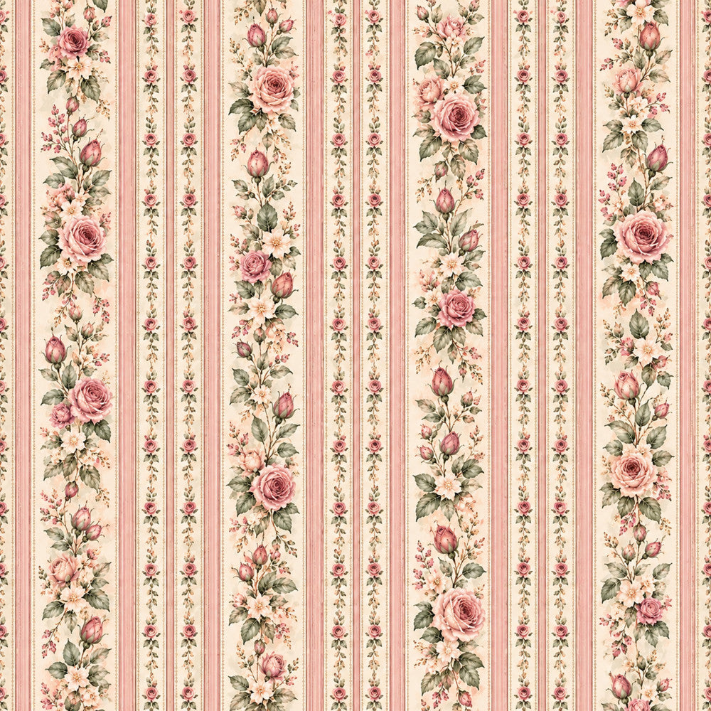dusty rose, cream, soft pink, mauve, sage green, blush pink, vintage floral, striped, rose pattern, botanical, traditional, elegant, romantic, shabby chic, cottage core, roses, buds, delicate flowers, garden theme, nature inspired, spring, summer, classic, timeless, feminine, soft colors, pastel, heritage print, multi-stripe design, layered florals