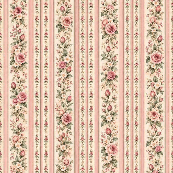 dusty rose, cream, soft pink, mauve, sage green, blush pink, vintage floral, striped, rose pattern, botanical, traditional, elegant, romantic, shabby chic, cottage core, roses, buds, delicate flowers, garden theme, nature inspired, spring, summer, classic, timeless, feminine, soft colors, pastel, heritage print, multi-stripe design, layered florals