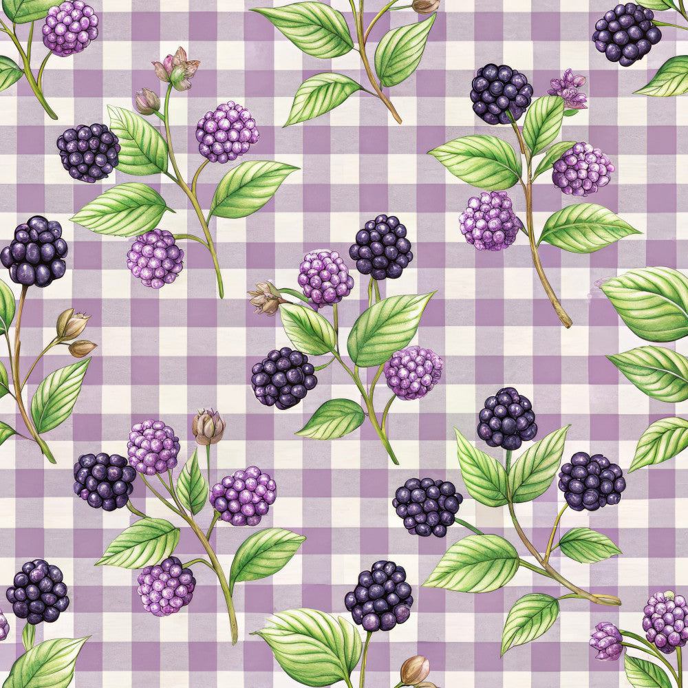 blackberry, deep purple, lavender, mauve, light purple, cream, white, gingham check, checkerboard, floral, botanical, berries, bramble, fruit, leaves, nature, summer, garden, whimsical, vintage, traditional, elegant, rustic, blackberries, fruit print, organic, springtime, countryside, farmhouse, cottage core