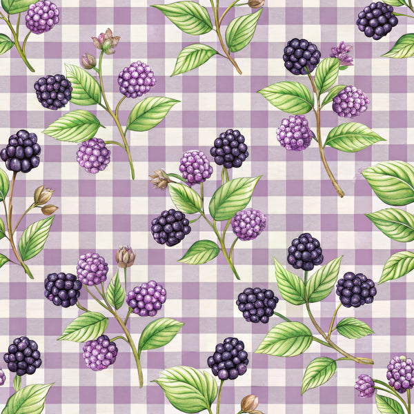 blackberry, deep purple, lavender, mauve, light purple, cream, white, gingham check, checkerboard, floral, botanical, berries, bramble, fruit, leaves, nature, summer, garden, whimsical, vintage, traditional, elegant, rustic, blackberries, fruit print, organic, springtime, countryside, farmhouse, cottage core