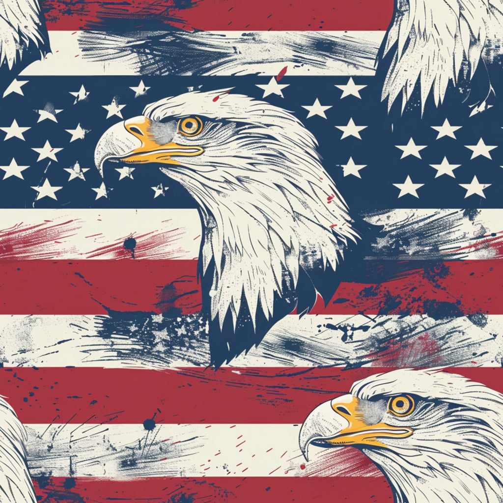 red, white, blue, navy blue, patriotic, bald eagle, american flag, stars, stripes, brushstroke texture, distressed look,, fabric panel, independence day, fourth of july, americana, eagle head, star field, weathered appearance, vintage style, cotton fabric