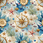 nautical theme, compass roses, starfish, coral, seashells, marine life, ocean creatures, watercolor style, blue tones, golden accents, cream background, sea plants, navigation instruments, coastal design, underwater scene,, fabric panel, whimsical pattern, maritime motifs, decorative spheres