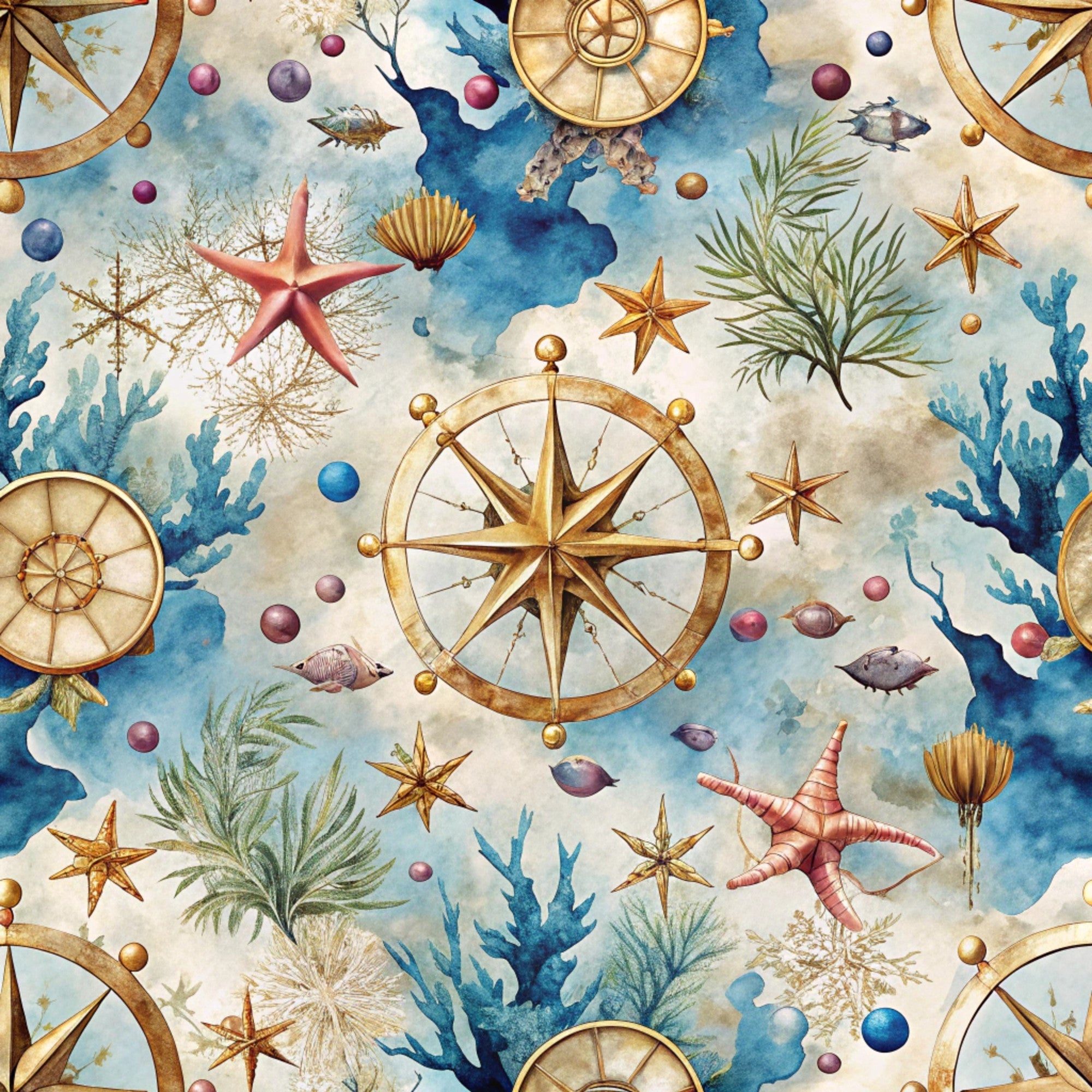 nautical theme, compass roses, starfish, coral, seashells, marine life, ocean creatures, watercolor style, blue tones, golden accents, cream background, sea plants, navigation instruments, coastal design, underwater scene,, fabric panel, whimsical pattern, maritime motifs, decorative spheres