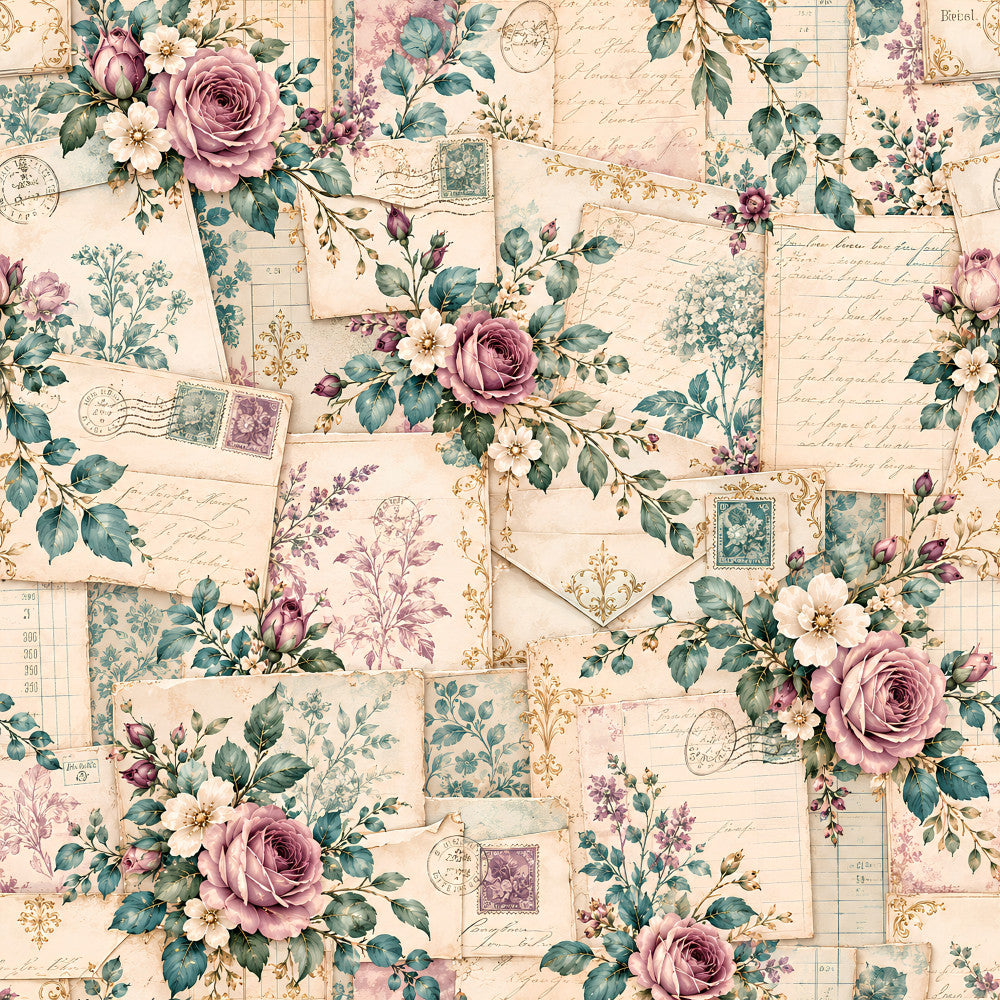 dusty rose, mauve, sage green, teal, cream, ivory, vintage floral, roses, cottage core, romantic, elegant, botanical, victorian, shabby chic, antique, nostalgic, nature, garden, spring, summer, letter writing, postage stamps, timeless, classic, traditional, damask, delicate, feminine, heirloom, heritage