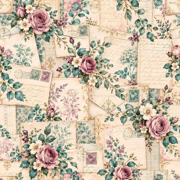dusty rose, mauve, sage green, teal, cream, ivory, vintage floral, roses, cottage core, romantic, elegant, botanical, victorian, shabby chic, antique, nostalgic, nature, garden, spring, summer, letter writing, postage stamps, timeless, classic, traditional, damask, delicate, feminine, heirloom, heritage