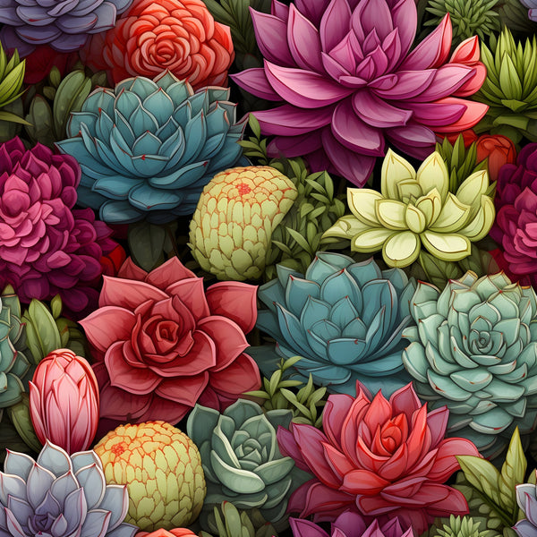 succulents, botanical pattern,, fabric panel, pink flowers, blue succulents, coral blooms, purple dahlias, green foliage, yellow flowers, floral design, garden theme, nature motif, vibrant colors, detailed illustration, artistic rendering, colorful botanicals, plant pattern, flower fabric, quilting material