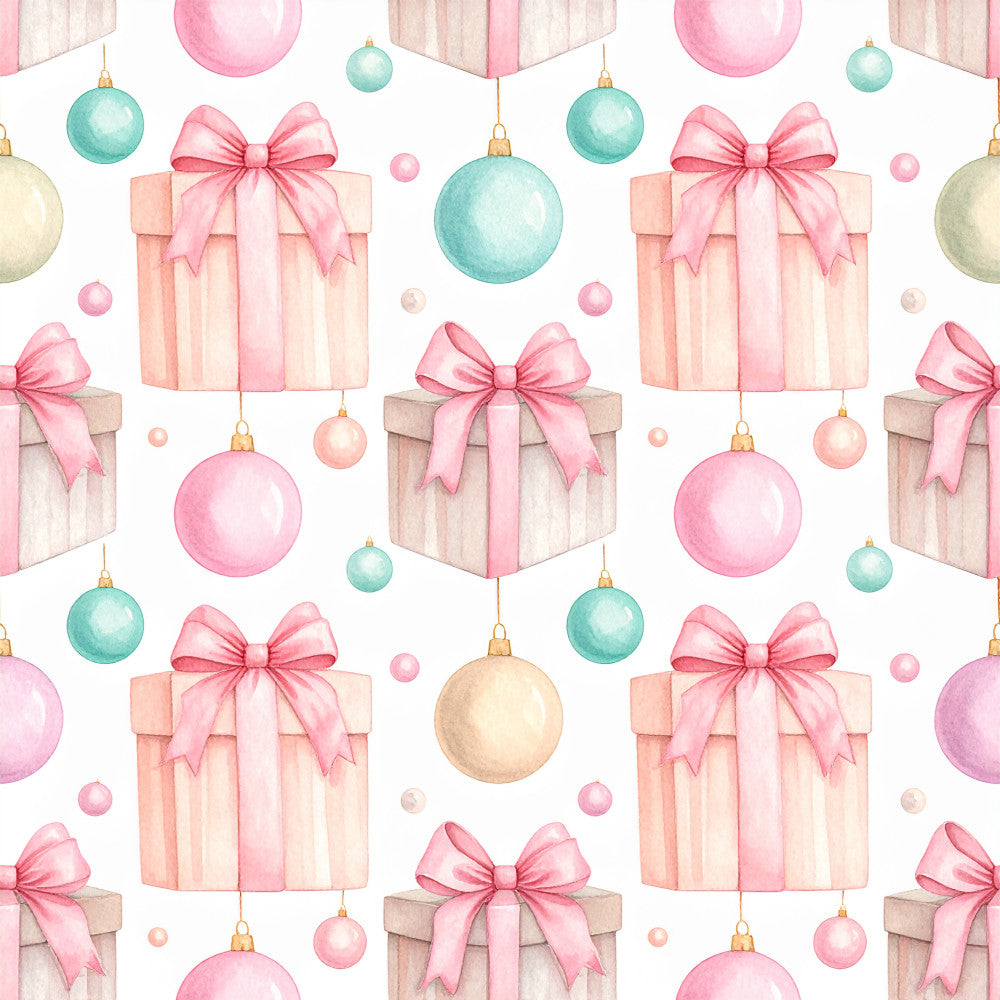 blush pink, dusty rose, mint green, sage green, cream, pale yellow, soft pastels, christmas, holiday, gift boxes, ornaments, bows, ribbons, festive, elegant, whimsical, traditional, luxury, premium, winter celebration, seasonal decor, nursery, baby shower, children's room, kids room, playroom, decorative, timeless, classic, sparkle