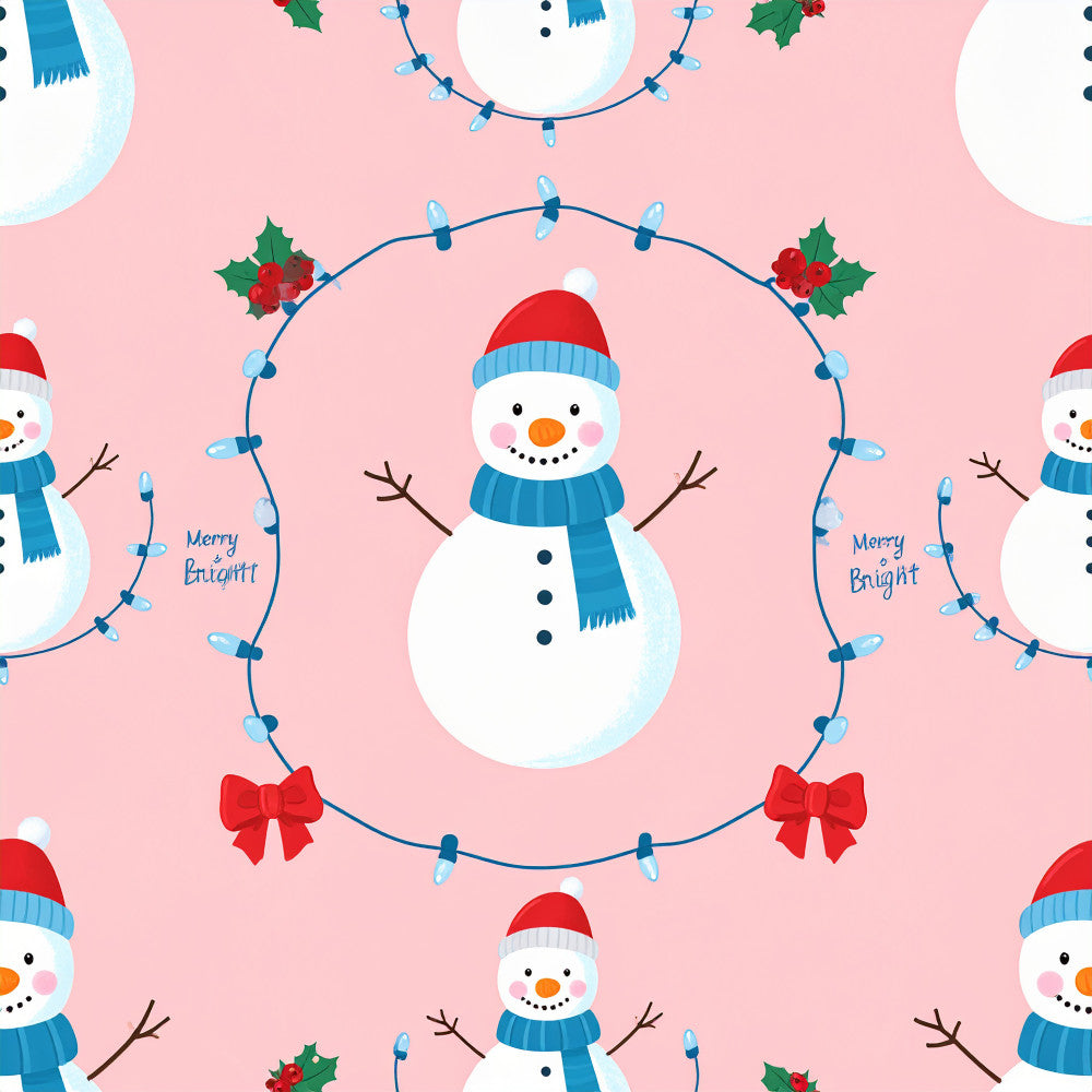 christmas, holiday, snowman, winter, red and blue, pastel pink, light blue, white, snow, festive, whimsical, cute, playful, children's, kids room, nursery, string lights, holly, bows, branches, merry and bright, seasonal, cheerful, joyful, cold weather, snow theme, traditional holiday