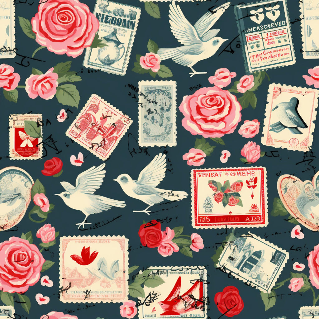 vintage stamps,, fabric panel, pink roses, white doves, navy background, postmarks, floral motifs, romantic theme, red accents, cream colored stamps, birds in flight, rose petals, postal design, cottage core, nostalgic pattern, soft pink, muted tones, scattered florals, love letters