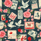 vintage stamps,, fabric panel, pink roses, white doves, navy background, postmarks, floral motifs, romantic theme, red accents, cream colored stamps, birds in flight, rose petals, postal design, cottage core, nostalgic pattern, soft pink, muted tones, scattered florals, love letters