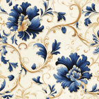 navy blue, gold, cream, ivory, floral, baroque, damask, vintage, elegant, traditional, ornate, scrolling vines, decorative flowers, classic, romantic, botanical, ornamental, timeless, formal, sophisticated, delicate petals, swirling patterns, intricate design, luxury, antique, heritage, botanical garden, spring, summer