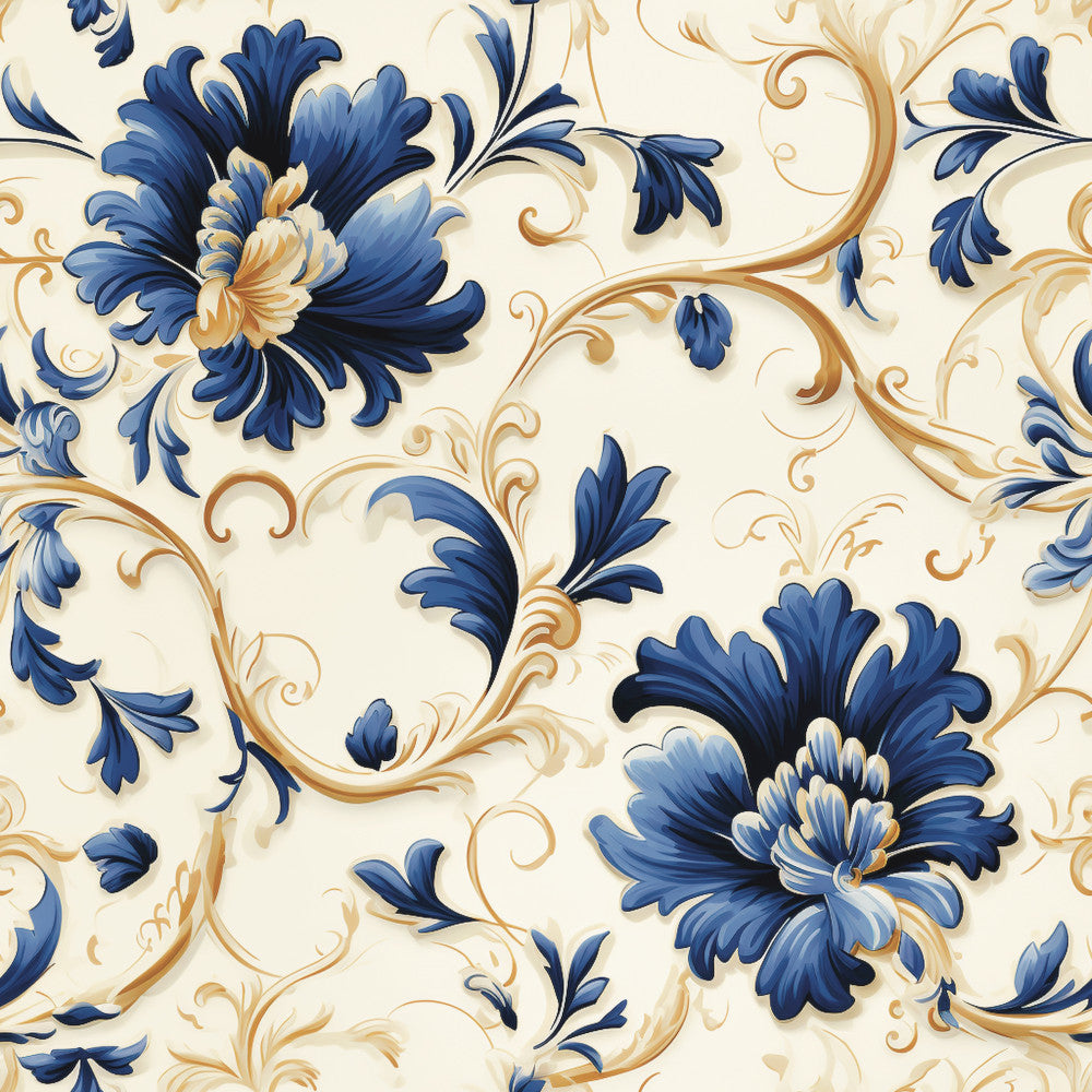 navy blue, gold, cream, ivory, floral, baroque, damask, vintage, elegant, traditional, ornate, scrolling vines, decorative flowers, classic, romantic, botanical, ornamental, timeless, formal, sophisticated, delicate petals, swirling patterns, intricate design, luxury, antique, heritage, botanical garden, spring, summer