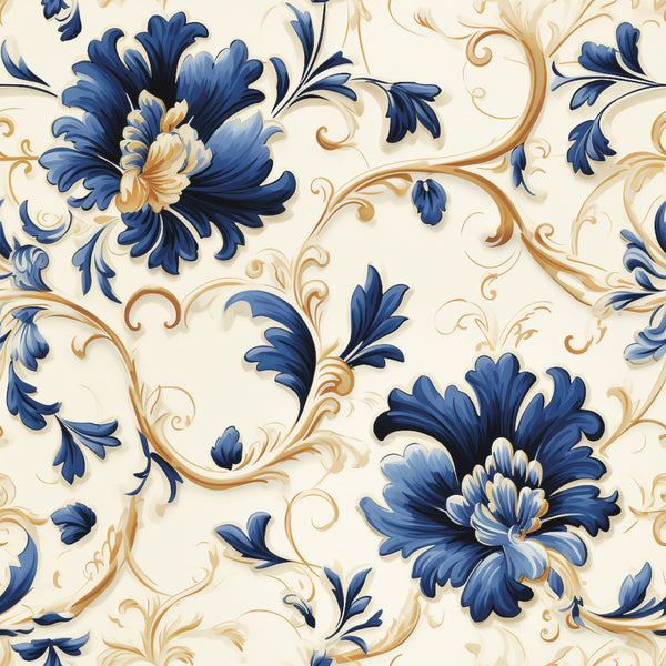 navy blue, gold, cream, ivory, floral, baroque, damask, vintage, elegant, traditional, ornate, scrolling vines, decorative flowers, classic, romantic, botanical, ornamental, timeless, formal, sophisticated, delicate petals, swirling patterns, intricate design, luxury, antique, heritage, botanical garden, spring, summer