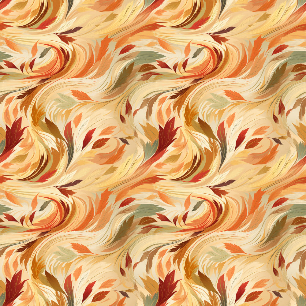 autumn leaves, burnt orange, cream, fall colors, feather pattern, flowing design, golden yellow, leaf motifs, nature inspired, orange, paisley, rust red, warm tones, watercolor style, burgundy, earthy colors, abstract leaves, seasonal, fall decor, thanksgiving, harvest theme, cozy, whimsical, organic pattern, swirling design, warm palette, terracotta, olive green, decorative leaves