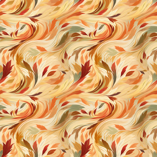 autumn leaves, burnt orange, cream, fall colors, feather pattern, flowing design, golden yellow, leaf motifs, nature inspired, orange, paisley, rust red, warm tones, watercolor style, burgundy, earthy colors, abstract leaves, seasonal, fall decor, thanksgiving, harvest theme, cozy, whimsical, organic pattern, swirling design, warm palette, terracotta, olive green, decorative leaves