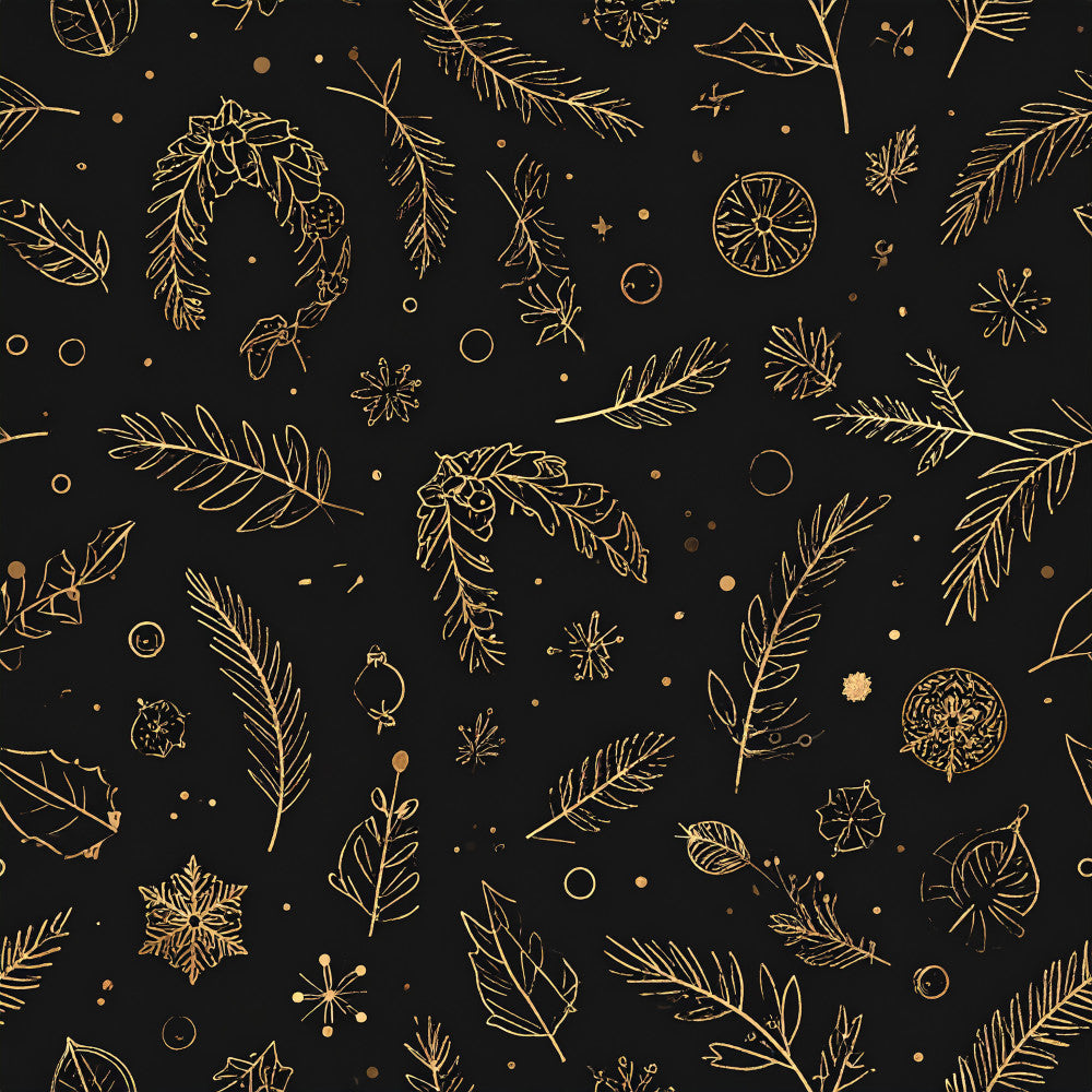 gold, black, metallic gold, holiday, christmas, winter, nature, botanical, evergreen, pinecone, snowflake, ornament, elegant, festive, celestial, stars, branches, leaves, feathery, sparkly, glittery, luxury, modern, whimsical, seasonal, decorative, sophisticated, formal, premium, dark background