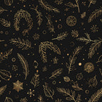 gold, black, metallic gold, holiday, christmas, winter, nature, botanical, evergreen, pinecone, snowflake, ornament, elegant, festive, celestial, stars, branches, leaves, feathery, sparkly, glittery, luxury, modern, whimsical, seasonal, decorative, sophisticated, formal, premium, dark background