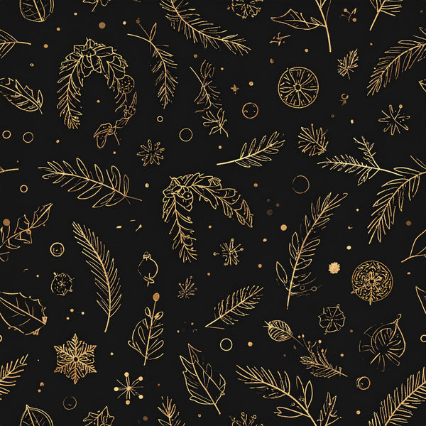 gold, black, metallic gold, holiday, christmas, winter, nature, botanical, evergreen, pinecone, snowflake, ornament, elegant, festive, celestial, stars, branches, leaves, feathery, sparkly, glittery, luxury, modern, whimsical, seasonal, decorative, sophisticated, formal, premium, dark background