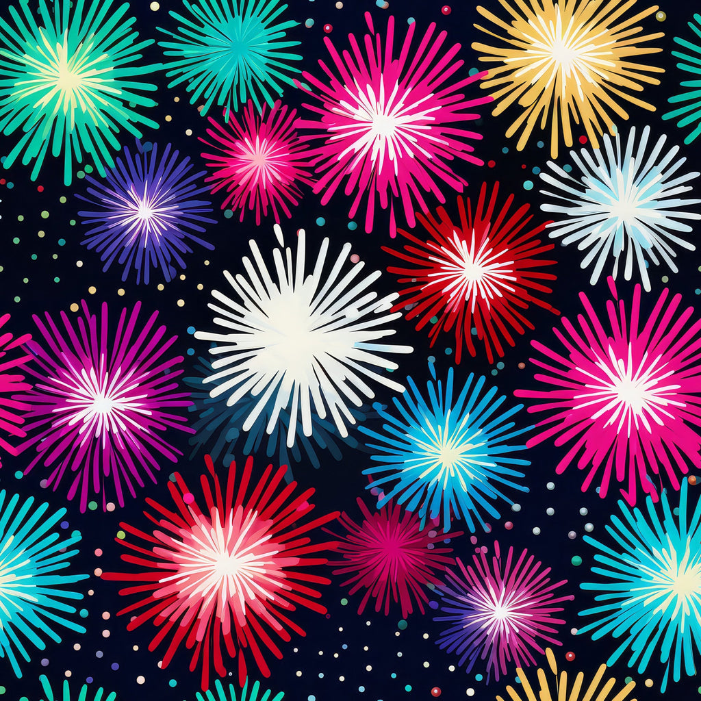 fireworks pattern,, fabric panel, colorful bursts, starburst design, celebration theme, pink fireworks, blue fireworks, yellow fireworks, red fireworks, white fireworks, turquoise explosions, purple bursts, dark navy background, festive pattern, fourth of july, new year's theme, patriotic colors, radial design, sparkle effects
