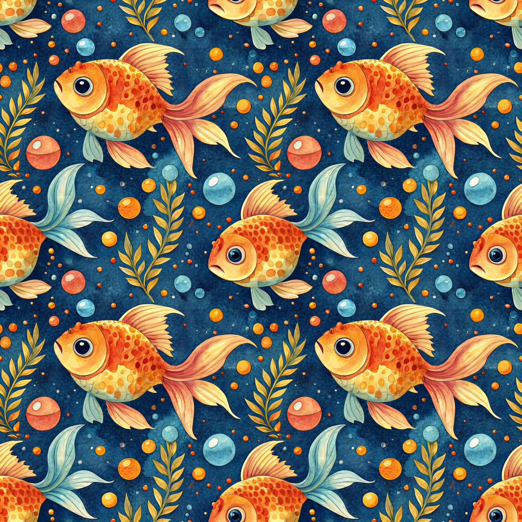 goldfish, orange fish, navy blue background, underwater scene, aquatic pattern, swimming fish, bubbles, seaweed, coral orange, golden yellow, teal accents, whimsical design, repeating pattern,, fabric panel, ocean theme, marine life, playful motif, watercolor style, seamless repeat