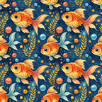 goldfish, orange fish, navy blue background, underwater scene, aquatic pattern, swimming fish, bubbles, seaweed, coral orange, golden yellow, teal accents, whimsical design, repeating pattern,, fabric panel, ocean theme, marine life, playful motif, watercolor style, seamless repeat