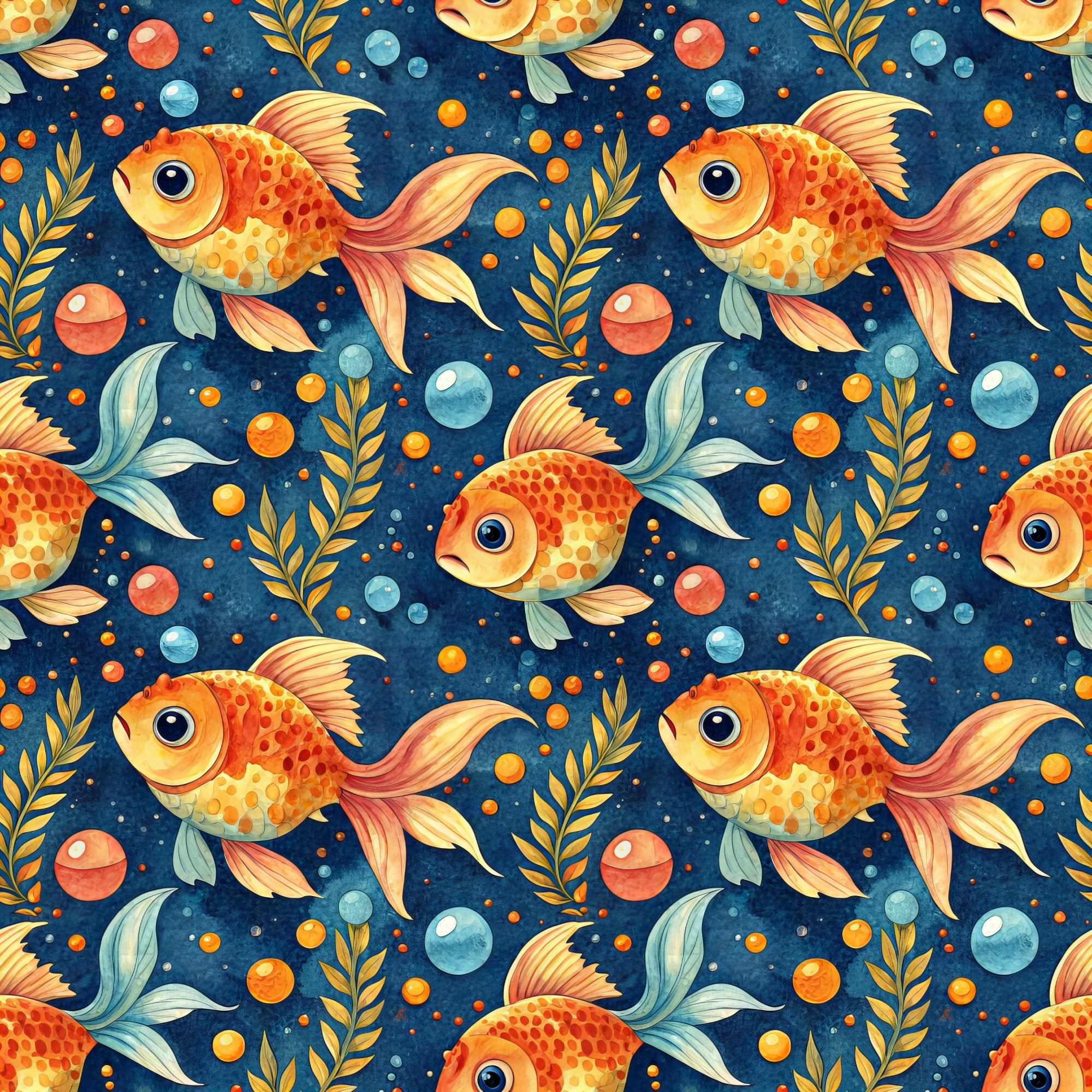 goldfish, orange fish, navy blue background, underwater scene, aquatic pattern, swimming fish, bubbles, seaweed, coral orange, golden yellow, teal accents, whimsical design, repeating pattern,, fabric panel, ocean theme, marine life, playful motif, watercolor style, seamless repeat