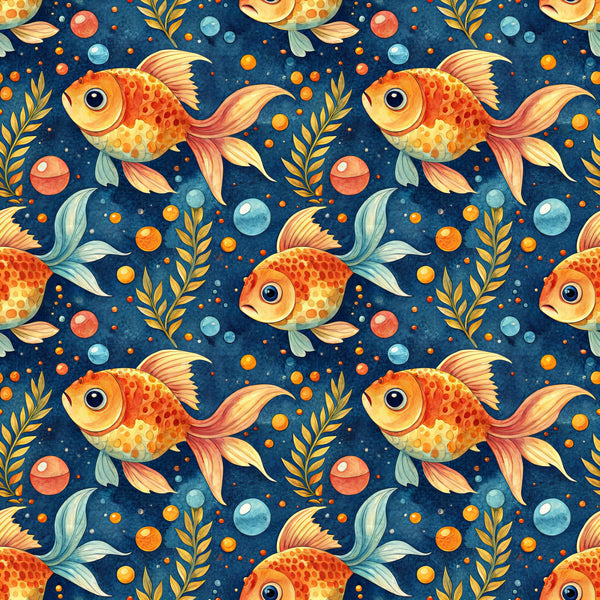 goldfish, orange fish, navy blue background, underwater scene, aquatic pattern, swimming fish, bubbles, seaweed, coral orange, golden yellow, teal accents, whimsical design, repeating pattern,, fabric panel, ocean theme, marine life, playful motif, watercolor style, seamless repeat