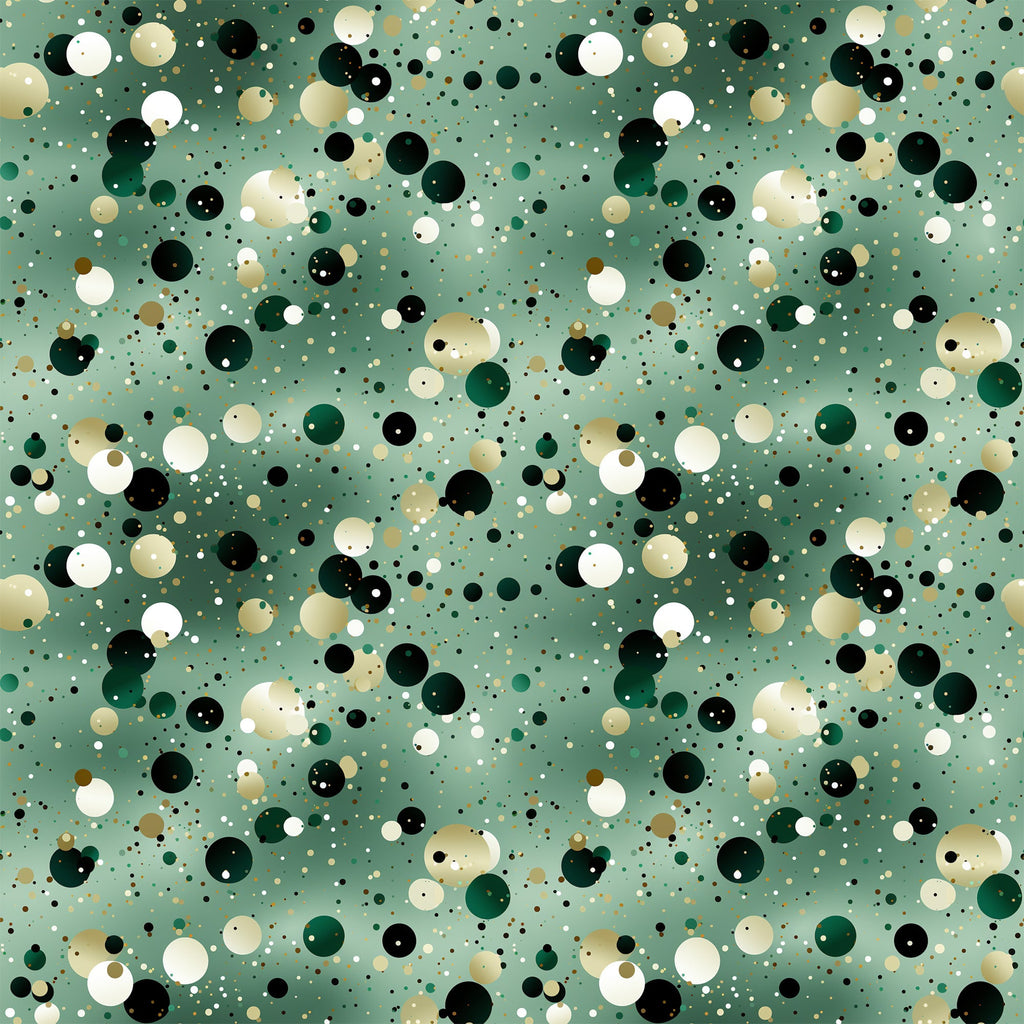 sage green, forest green, black, white, cream, beige, gold, confetti dots, scattered circles, polka dots, geometric pattern, abstract design, celebratory, festive, modern style,, fabric panel, repeating pattern, party theme, bubble pattern