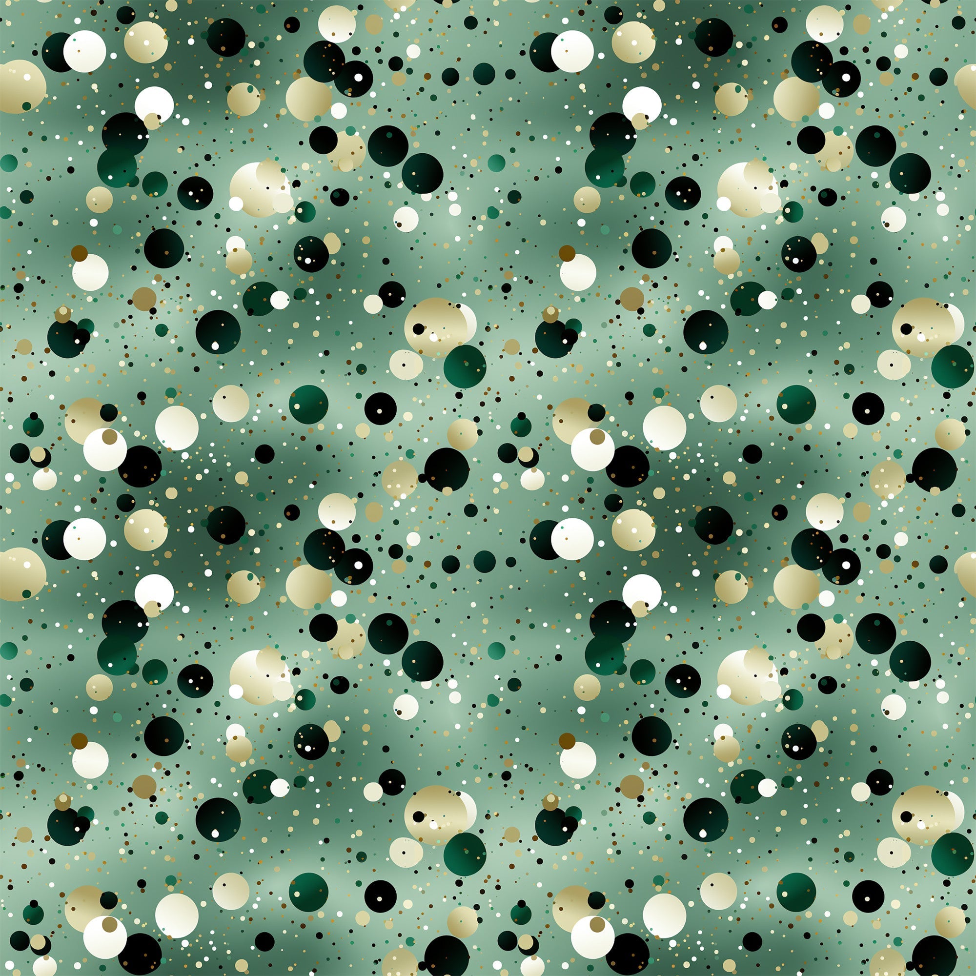 sage green, forest green, black, white, cream, beige, gold, confetti dots, scattered circles, polka dots, geometric pattern, abstract design, celebratory, festive, modern style,, fabric panel, repeating pattern, party theme, bubble pattern