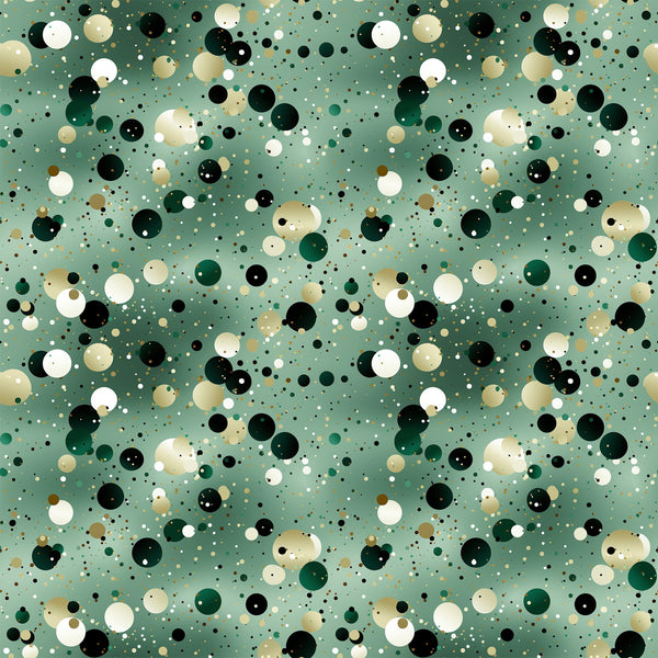 sage green, forest green, black, white, cream, beige, gold, confetti dots, scattered circles, polka dots, geometric pattern, abstract design, celebratory, festive, modern style,, fabric panel, repeating pattern, party theme, bubble pattern
